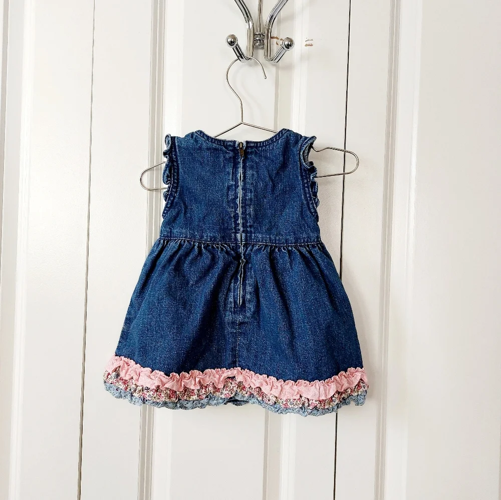 Y2k '02 Snow Angels Denim Jumper Dress Calico Ruffle 6-12m‎ Vintage Gymboree